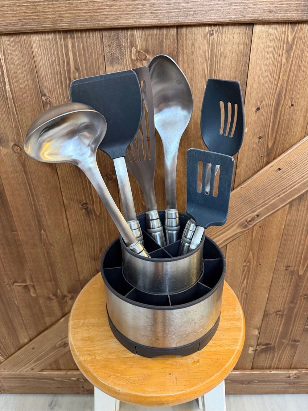 Pampered Chef Stainless Steel Rotating Utensil Holder Caddy + 6 Kitchen Tools (9